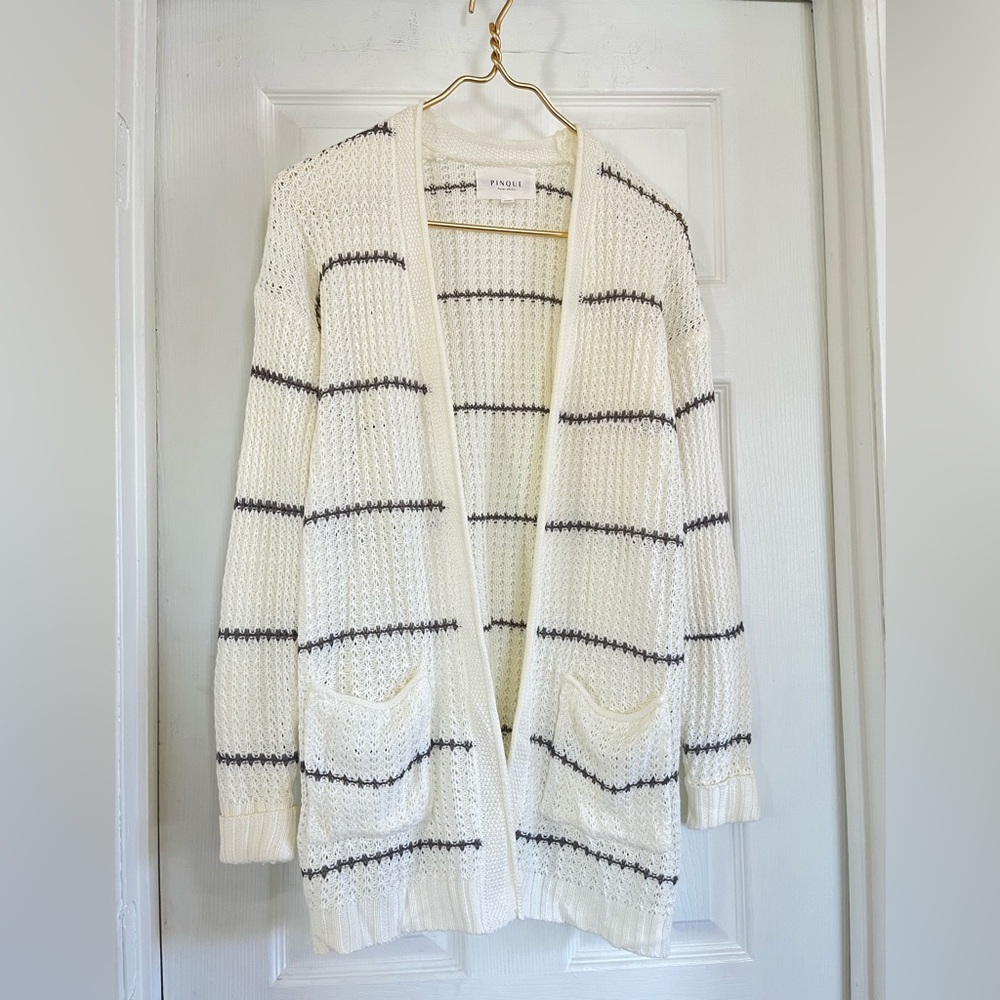 Pinque Cream and Gray Striped Women's Cardigan size XS cotton blend neutral chic